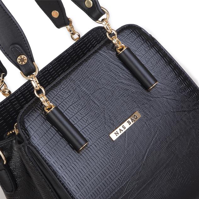Nas Bag Kadın Sade ve Şık El ve Omuz Çantası Siyah Lazer  (Ölçüsü:24x21x16))