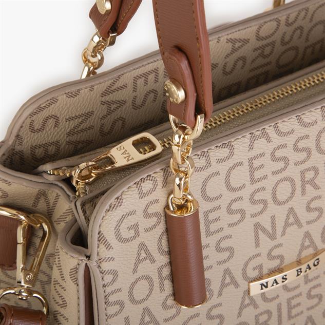Nas Bag Kadın Sade ve Şık El ve Omuz Çantası Vizon Taba  Yazılı  (Ölçüsü:24x21x16)