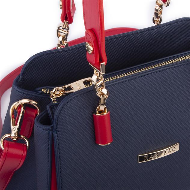 Nas Bag Kadın Sade ve Şık El ve Omuz Çantası Lacivert Kırmızı  Lacst  (Ölçüsü:24x21x16)