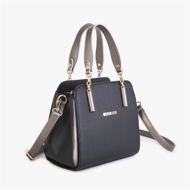 Nas Bag Kadın Sade ve Şık El ve Omuz Çantası Siyah Gri  Mngo  (Ölçüsü:24x21x16)