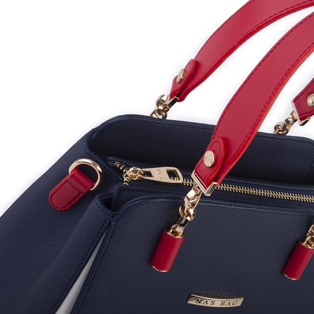 Nas Bag Kadın Sade ve Şık El ve Omuz Çantası Lacivert Kırmızı Beyaz  Lacst  (Ölçüsü:24x21x16)