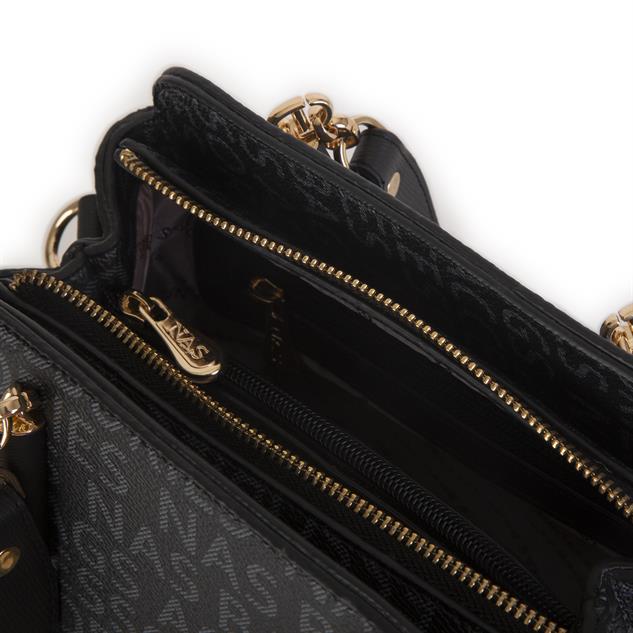 Nas Bag Kadın Sade ve Şık El ve Omuz Çantası Siyah Yazılı  (Ölçüsü:24x21x16)