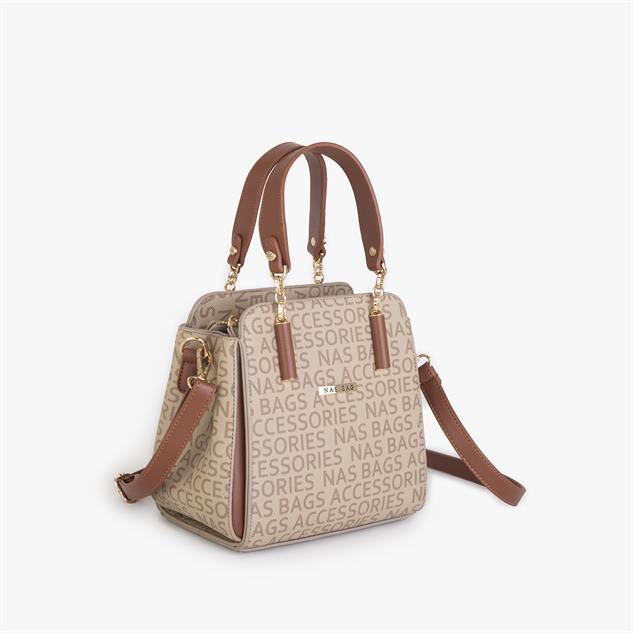Nas Bag Kadın Sade ve Şık El ve Omuz Çantası Vizon Taba  Yazılı  (Ölçüsü:24x21x16)
