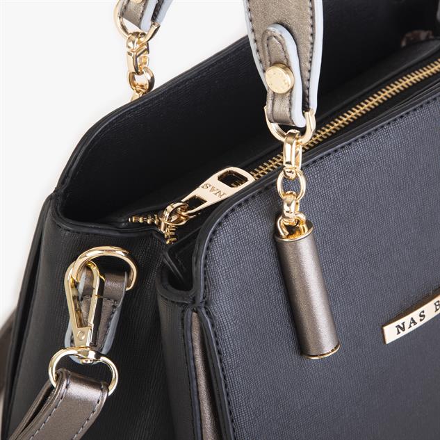 Nas Bag Kadın Sade ve Şık El ve Omuz Çantası Siyah Gri  Mngo  (Ölçüsü:24x21x16)