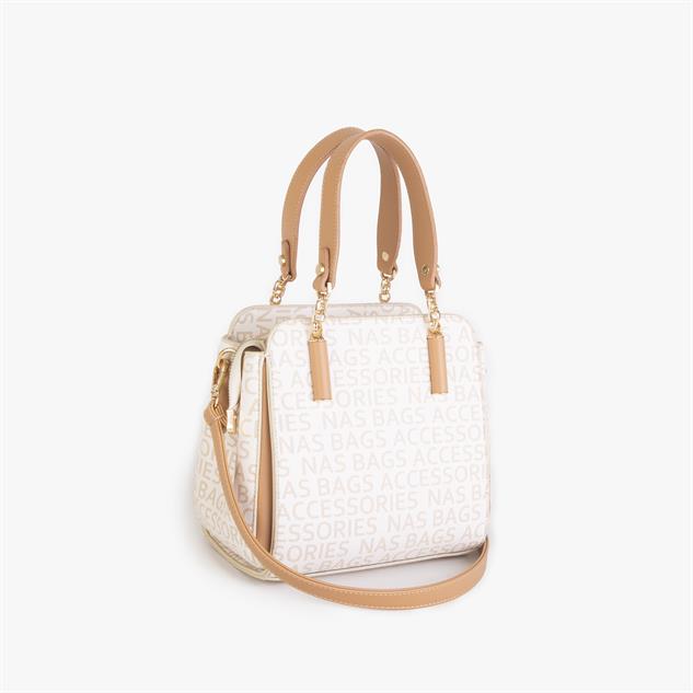 Nas Bag Kadın Sade ve Şık El ve Omuz Çantası Krem Camel Yazılı  (Ölçüsü:24x21x16)