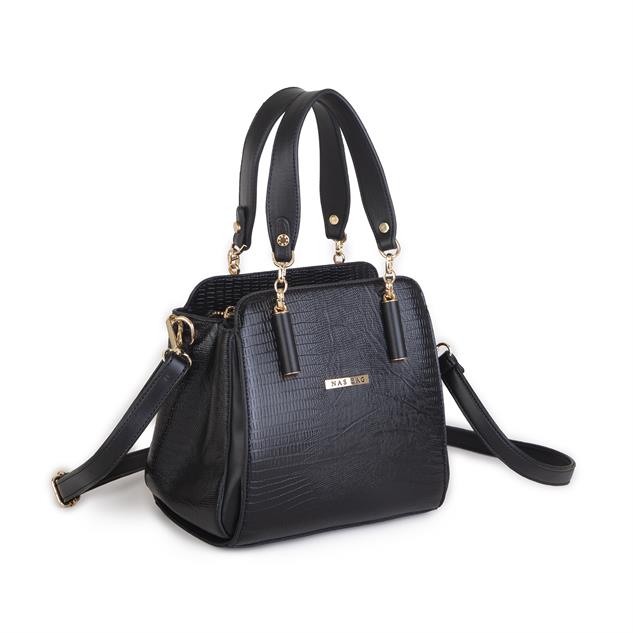 Nas Bag Kadın Sade ve Şık El ve Omuz Çantası Siyah Lazer  (Ölçüsü:24x21x16))