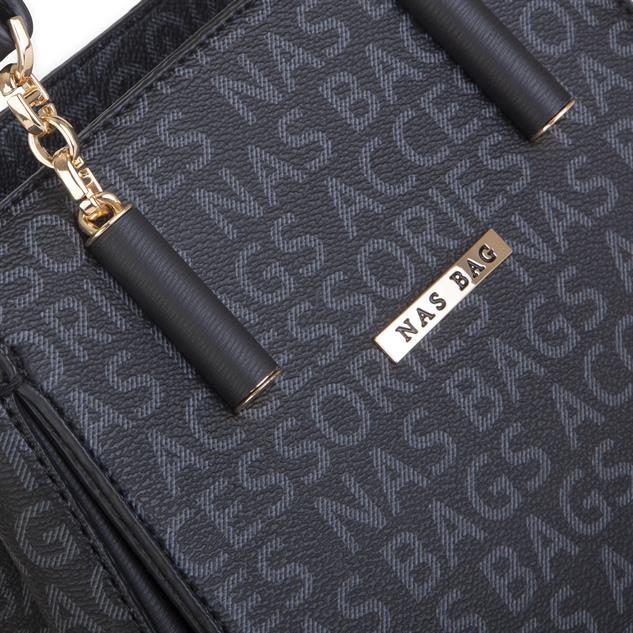 Nas Bag Kadın Sade ve Şık El ve Omuz Çantası Siyah Yazılı  (Ölçüsü:24x21x16)