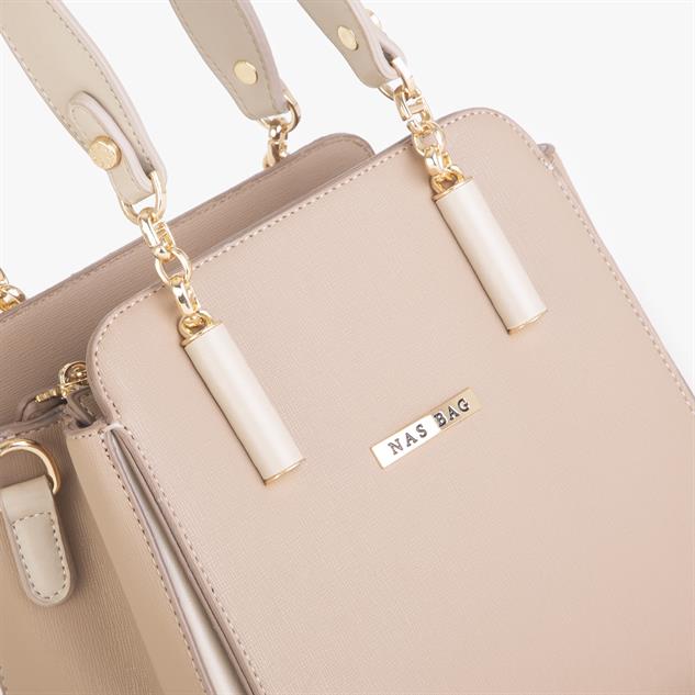 Nas Bag Kadın Sade ve Şık El ve Omuz Çantası Kum Mngo  (Ölçüsü:24x21x16)