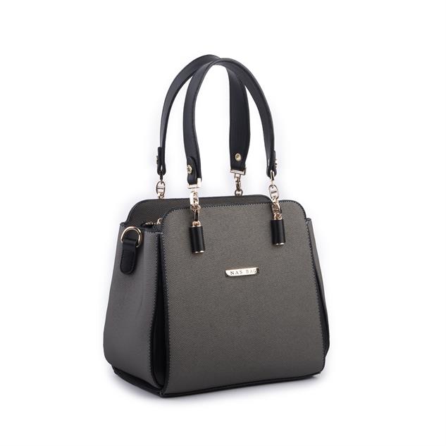 Nas Bag Kadın Sade ve Şık El ve Omuz Çantası Gri Siyah  Lacst  (Ölçüsü:24x21x16)