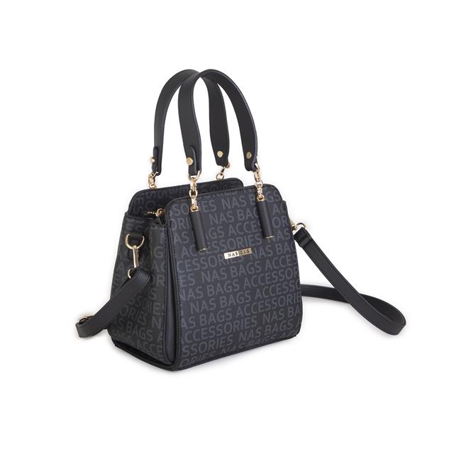 Nas Bag Kadın Sade ve Şık El ve Omuz Çantası Siyah Yazılı  (Ölçüsü:24x21x16)