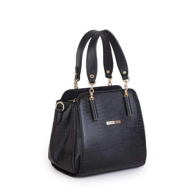 Nas Bag Kadın Sade ve Şık El ve Omuz Çantası Siyah Lazer  (Ölçüsü:24x21x16))