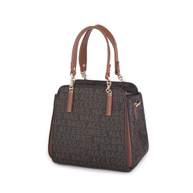 Nas Bag Kadın Sade ve Şık El ve Omuz Çantası Kahve Taba  Yazılı  (Ölçüsü:24x21x16)