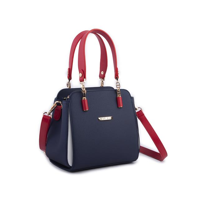 Nas Bag Kadın Sade ve Şık El ve Omuz Çantası Lacivert Kırmızı Beyaz  Lacst  (Ölçüsü:24x21x16)