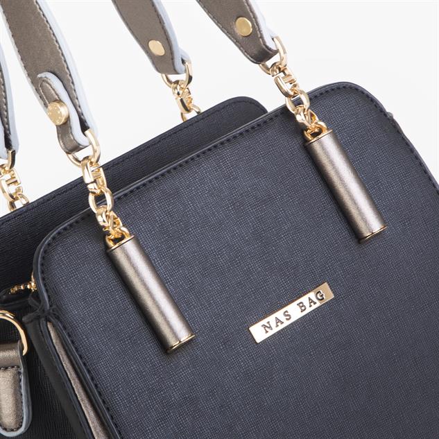 Nas Bag Kadın Sade ve Şık El ve Omuz Çantası Siyah Gri  Mngo  (Ölçüsü:24x21x16)