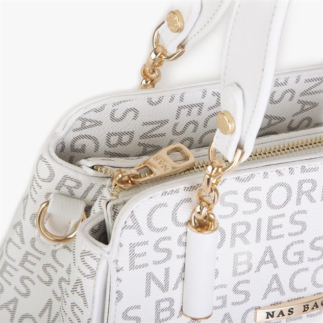 Nas Bag Kadın Sade ve Şık El ve Omuz Çantası Beyaz  Yazılı  (Ölçüsü:24x21x16)