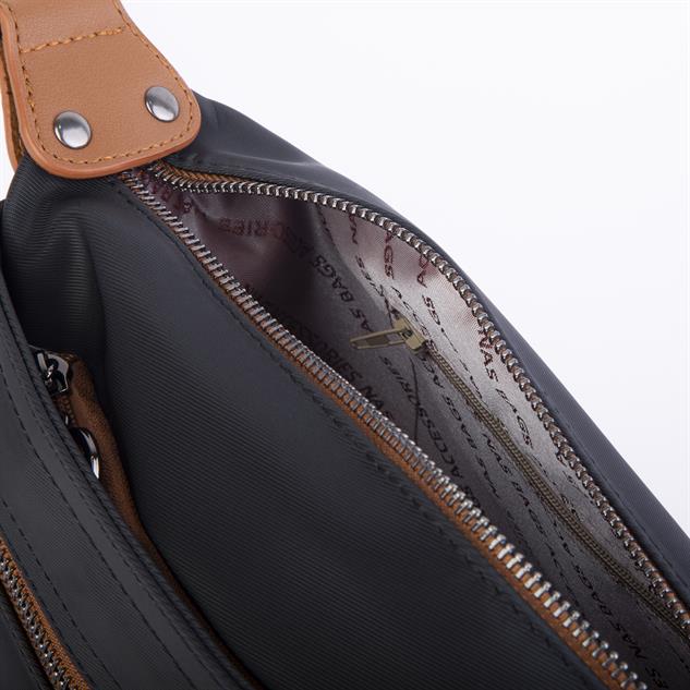 Nas Bag Kadın Salaş Çok Gözlü Çapraz Çanta Siyah  Taba  Buzzy   ( en :30cm x boy: 20 cm )