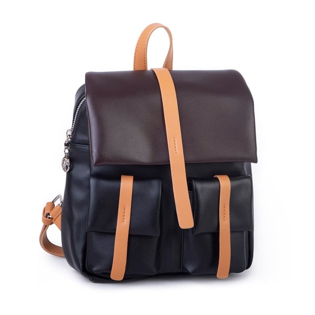Nas Bag Kadın Şık Günlük Cepli Yumuşak Deri Sırt Çantası Siyah Camel Kahve