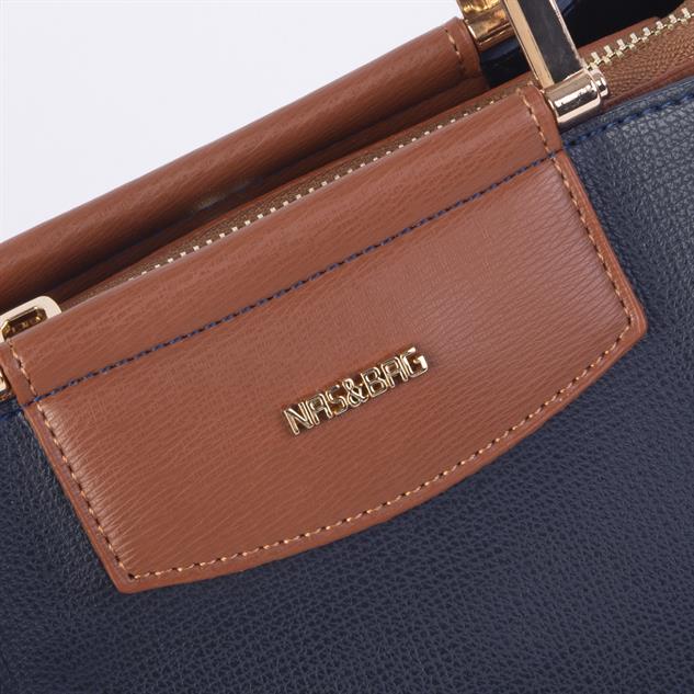 Nas Bag Kadın Şık Zincirli El ve Omuz Çantası Midiboy Lacivert Taba Liza  27x 19 cm 