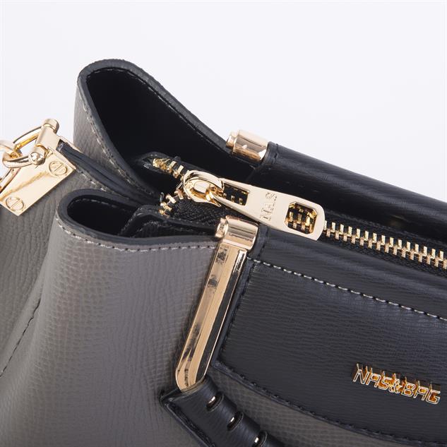 Nas Bag Kadın Şık Zincirli El ve Omuz Çantası Midiboy Gri Siyah Long   27x 19 cm 