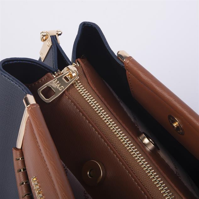 Nas Bag Kadın Şık Zincirli El ve Omuz Çantası Midiboy Lacivert Taba Liza  27x 19 cm 