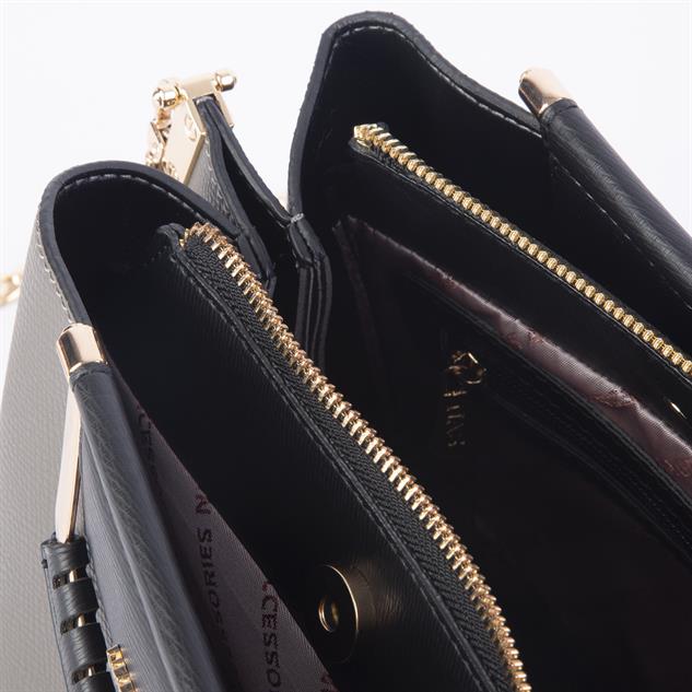Nas Bag Kadın Şık Zincirli El ve Omuz Çantası Midiboy Gri Siyah Long   27x 19 cm 