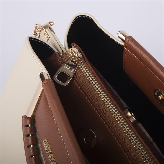 Nas Bag Kadın Şık Zincirli El ve Omuz Çantası Midiboy Krem Taba Long   27x 19 cm 
