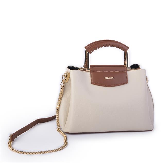 Nas Bag Kadın Şık Zincirli El ve Omuz Çantası Midiboy Krem Taba Long   27x 19 cm 