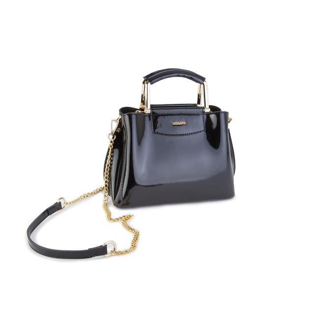 Nas Bag Kadın Şık Zincirli El ve Omuz Çantası Midiboy Siyah Rugan  27x 19 cm 