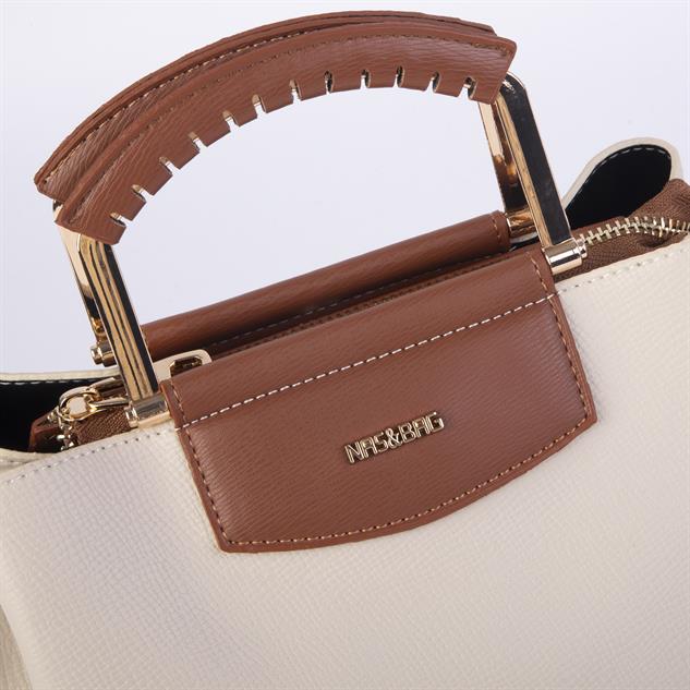 Nas Bag Kadın Şık Zincirli El ve Omuz Çantası Midiboy Krem Taba Long   27x 19 cm 
