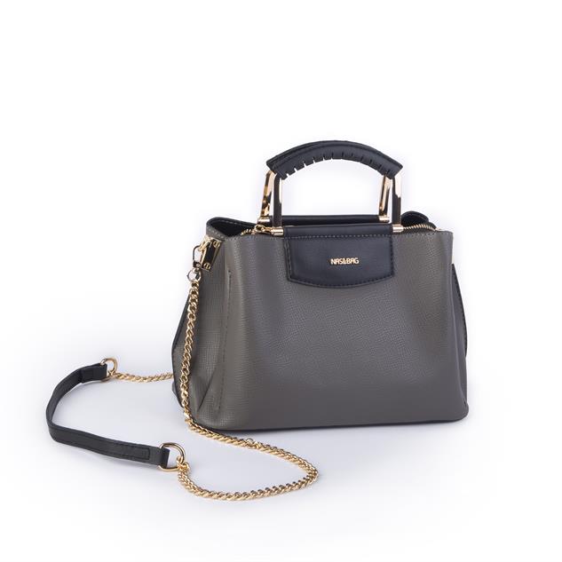 Nas Bag Kadın Şık Zincirli El ve Omuz Çantası Midiboy Gri Siyah Long   27x 19 cm 