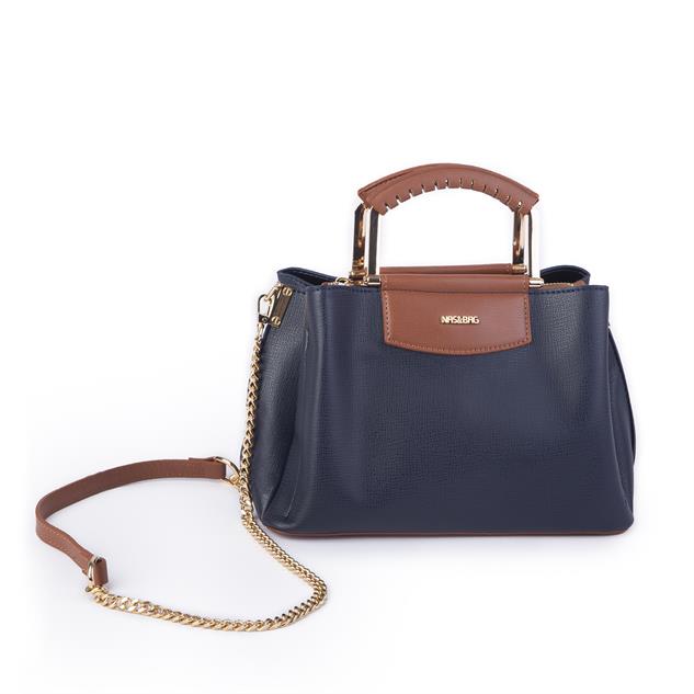 Nas Bag Kadın Şık Zincirli El ve Omuz Çantası Midiboy Lacivert Taba Liza  27x 19 cm 