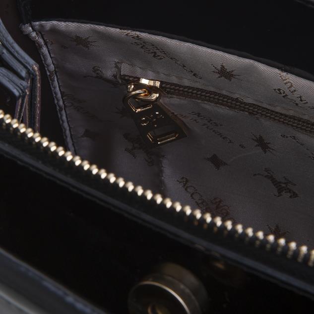 Nas Bag Kadın Şık Zincirli El ve Omuz Çantası Midiboy Siyah Rugan  27x 19 cm 