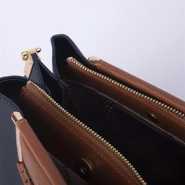 Nas Bag Kadın Şık Zincirli El ve Omuz Çantası Midiboy Lacivert Taba Liza  27x 19 cm 