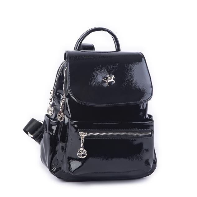 Nas Bag Kadın Sırt Çantası Çift Gözlü Spor Çanta Siyah Kırışık Rugan ( 23x26x14 cm ) 
