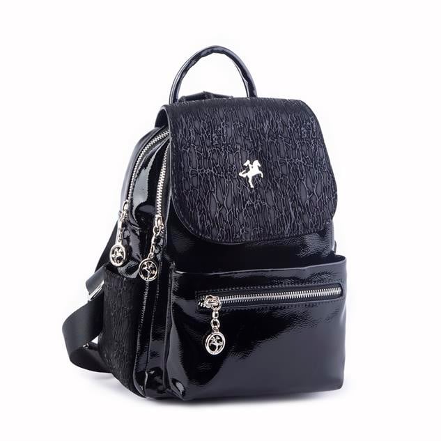 Nas Bag Kadın Sırt Çantası Çift Gözlü Spor Çanta  ( 23x26x14 cm ) Siyah Gümüş  Krsk Rugan 