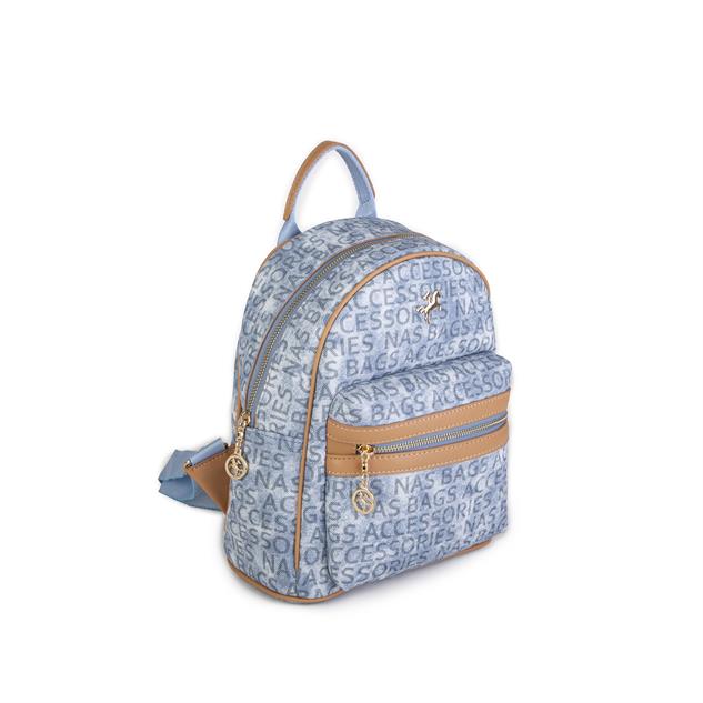 Nas Bag Kadın Sırt Çantası Geniş Hacimli Kot Camel Yazılı