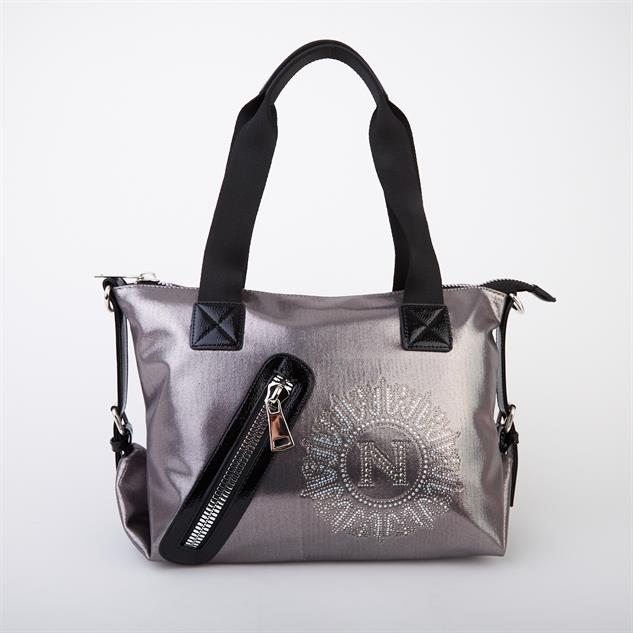 Nas Bag Kadın Taşlı Fermuarlı Şık Omuz Çantası ve Ayarlanabilir Askılı Gri Simli(33x30x12 cm)