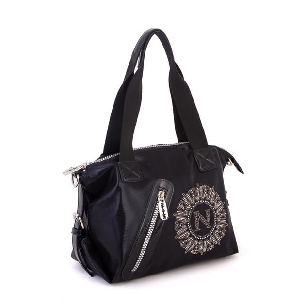 Nas Bag Kadın Taşlı Fermuarlı Şık Omuz Çantası ve Ayarlanabilir Askılı Siyah Simli(33x30x12 cm)