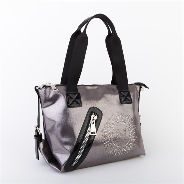 Nas Bag Kadın Taşlı Fermuarlı Şık Omuz Çantası ve Ayarlanabilir Askılı Gri Simli(33x30x12 cm)