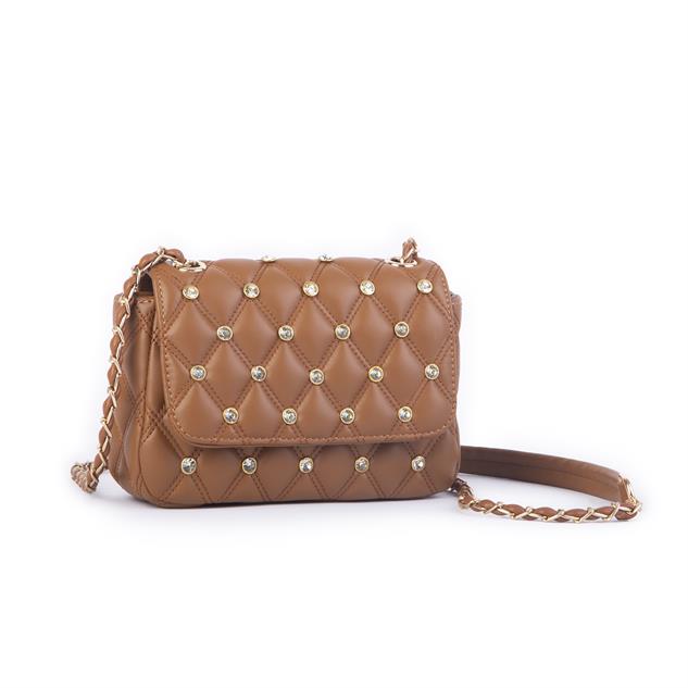 Nas Bag Kadın Taşlı Zincirli Şık Kapitone Çapraz Çanta Taba  ( 21x12 cm )