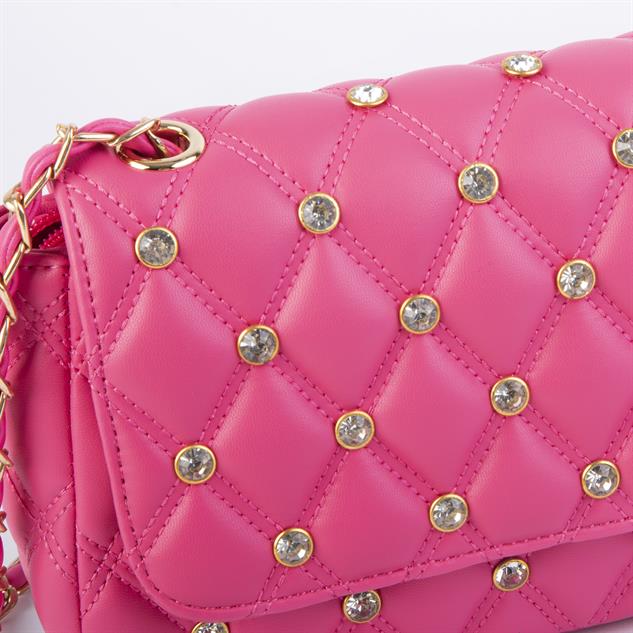 Nas Bag Kadın Taşlı Zincirli Şık Kapitone Çapraz Çanta Fuşya ( 21x12 cm )