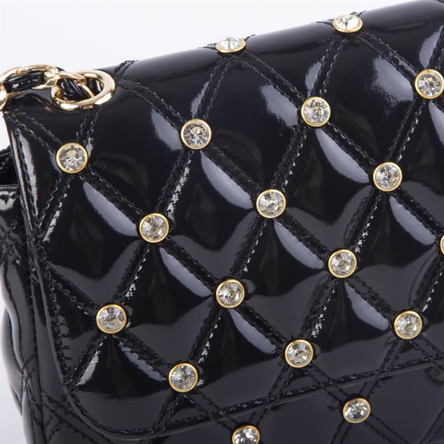 Nas Bag Kadın Taşlı Zincirli Şık Kapitone Çapraz Çanta Siyah Rugan  ( 21x12 cm )