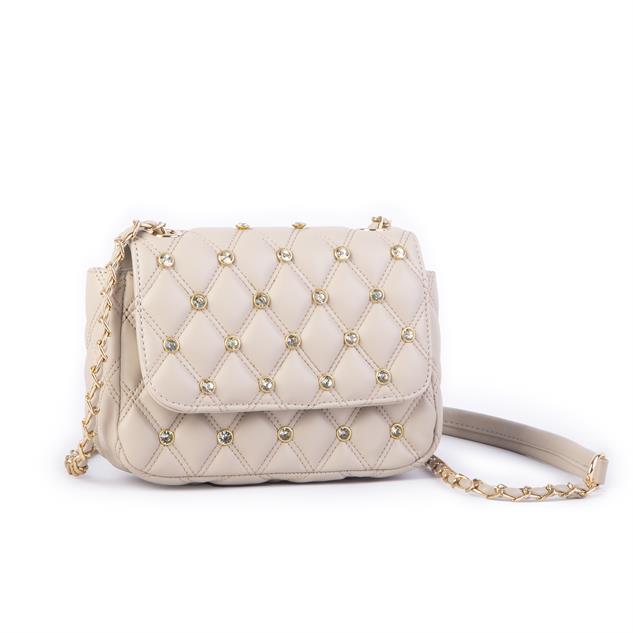 Nas Bag Kadın Taşlı Zincirli Şık Kapitone Çapraz Çanta Kum  ( 21x12 cm )