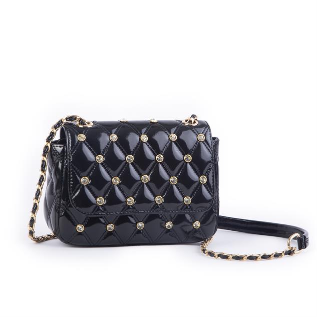 Nas Bag Kadın Taşlı Zincirli Şık Kapitone Çapraz Çanta Siyah Rugan  ( 21x12 cm )
