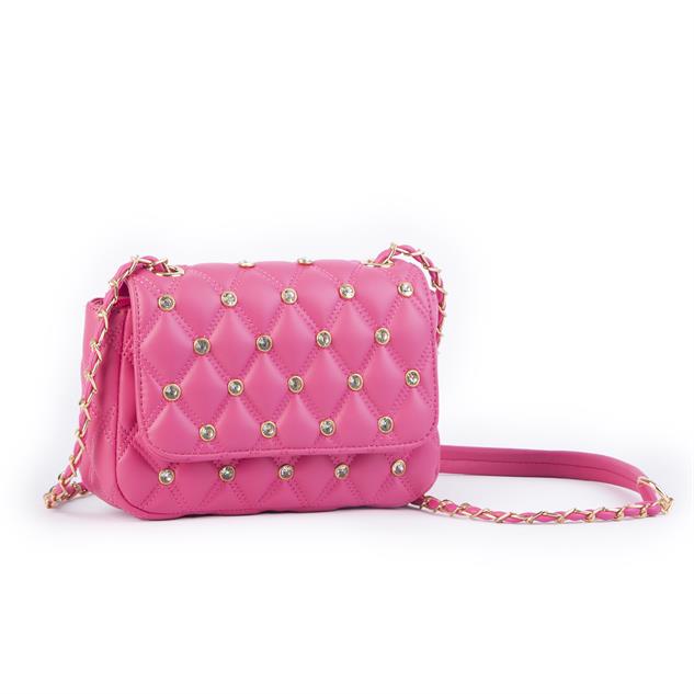 Nas Bag Kadın Taşlı Zincirli Şık Kapitone Çapraz Çanta Fuşya ( 21x12 cm )