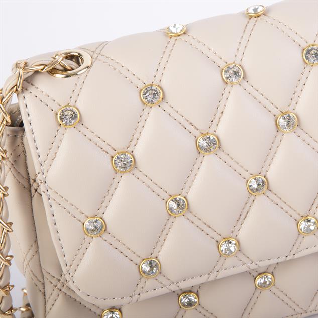 Nas Bag Kadın Taşlı Zincirli Şık Kapitone Çapraz Çanta Kum  ( 21x12 cm )