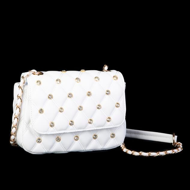 Nas Bag Kadın Taşlı Zincirli Şık Kapitone Çapraz Çanta Beyaz  ( 21x12 cm )