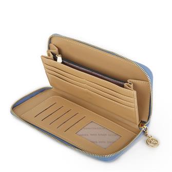 Nas Bag Kadın Tek Fermuarlı Büyük Boy Cüzdan Mavi Camel Gofraj