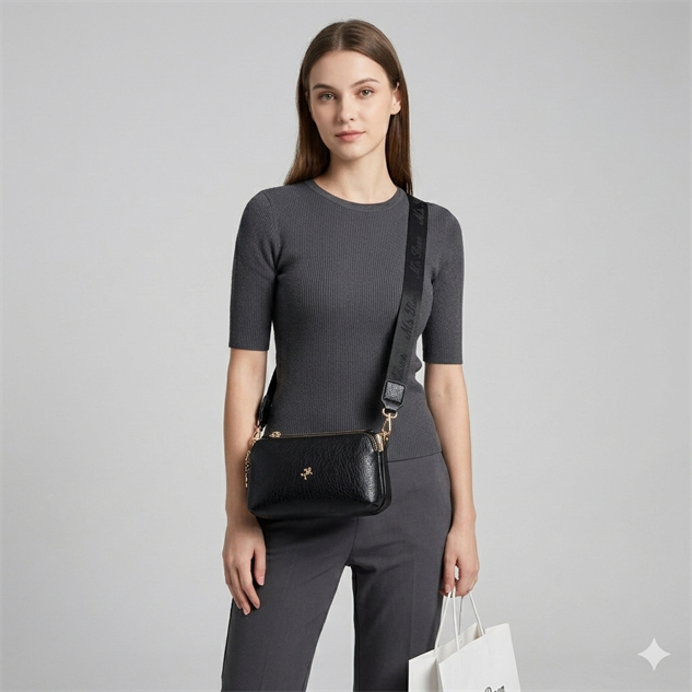 Nas Bag Mini Boy Kadın 3 Gözlü Çapraz Çanta (en 18 cm ;boy 11 cm ) Siyah Victoria