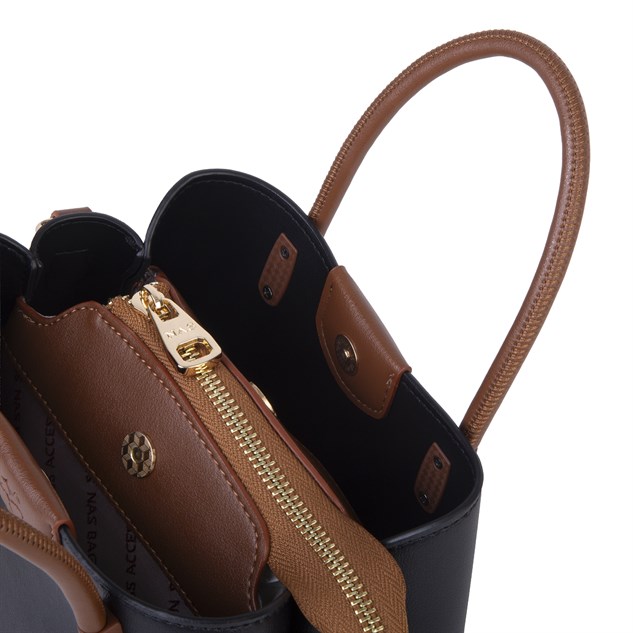 Nas Bag Mini Çiçek Charmlı Kadın  Şık El ve Çapraz Çanta (en 25 cm ;boy 22 cm ) Siyah Taba